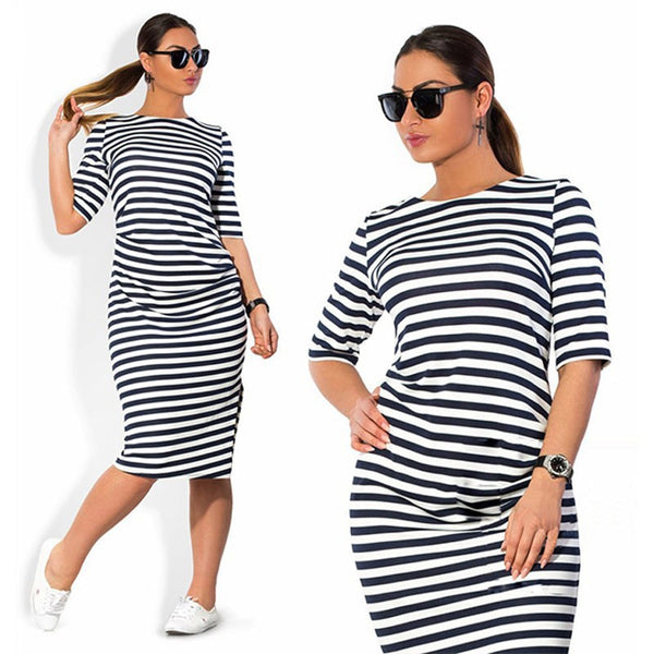 5XL 6XL Large Size 2018 Spring Summer Dress Big Size Dress White Black Striped Dresses Plus Size Women Clothing Belt Vestidos