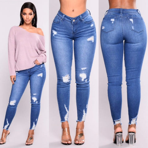 ripped hole fashion Jeans Women High Waist Skinny Pencil Blue Denim Pants women washed beached stretch elastic Jeans women