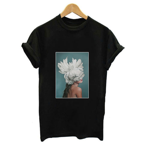 Women Summer Fashion Tumblr Tops Streetwear White Gray Black Tshirt Aesthetics Flowers Feather Print Harajuku Casual T-Shirt