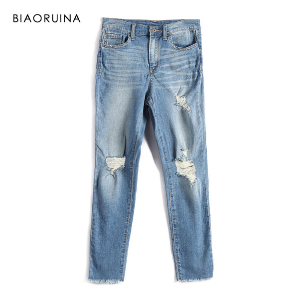 BIAORUINA Women Fashion Washing Scratched Denim Jeans Female Casual Holes Jeans High Street Elegant Jeans Spring New Arrival