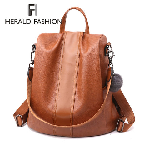 HERALD FASHION Quality Leather Anti-thief Women Backpack Large Capacity Hair Ball School Bag for Teenager girls Male Travel Bags